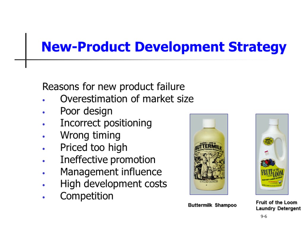 New-Product Development Strategy Reasons for new product failure Overestimation of market size Poor design